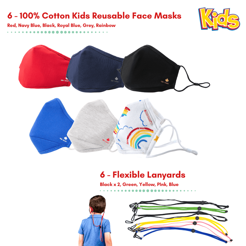 Kids Combo Pack -  6 x 100% Cotton Face Masks and 6x Lanyards