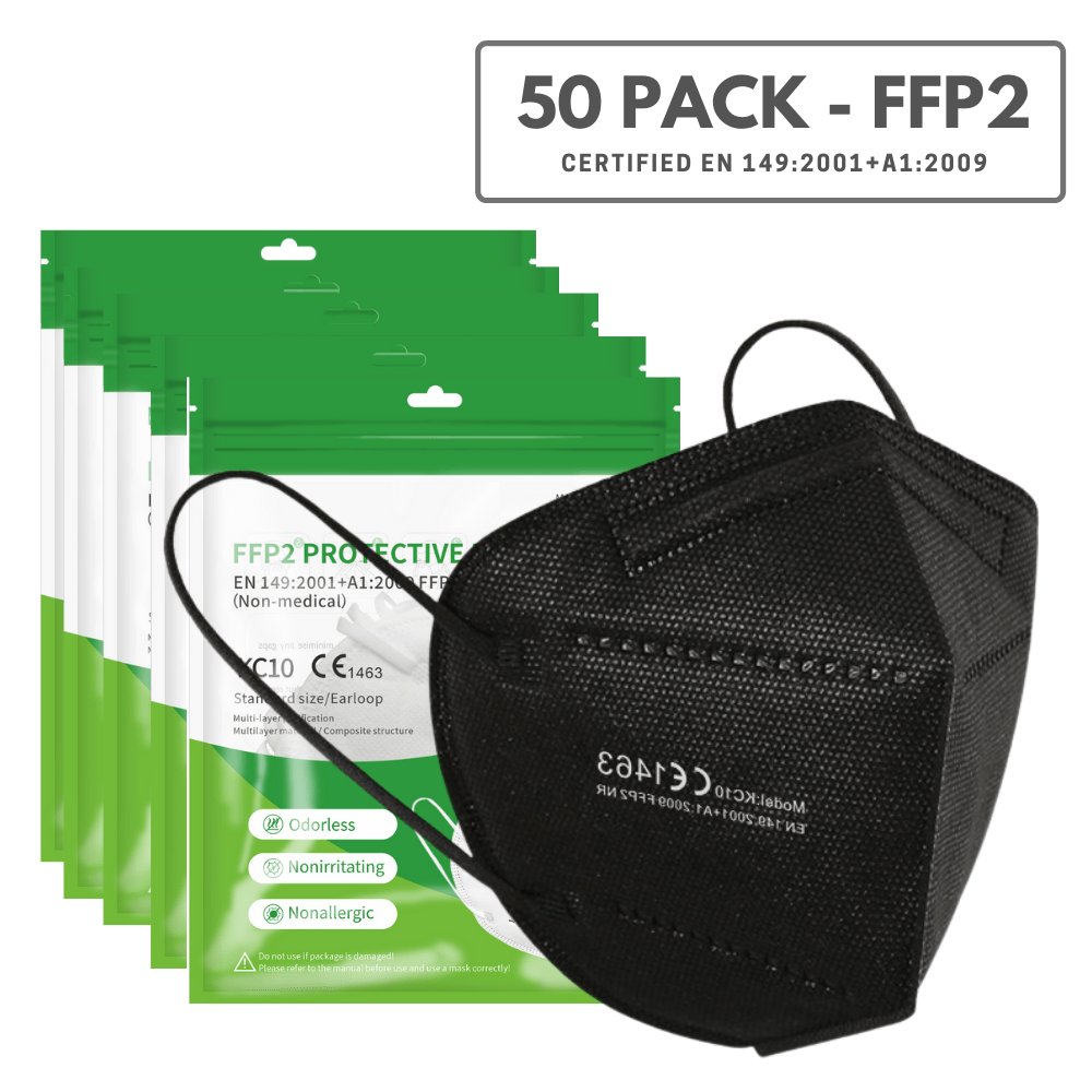 50 Pack (Black) - FFP2 Disposable Face Mask (Europe EN149 Certified) KN95