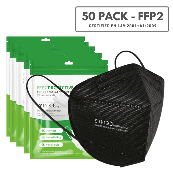 50 Pack (Black) - FFP2 Disposable Face Mask (Europe EN149 Certified) KN95